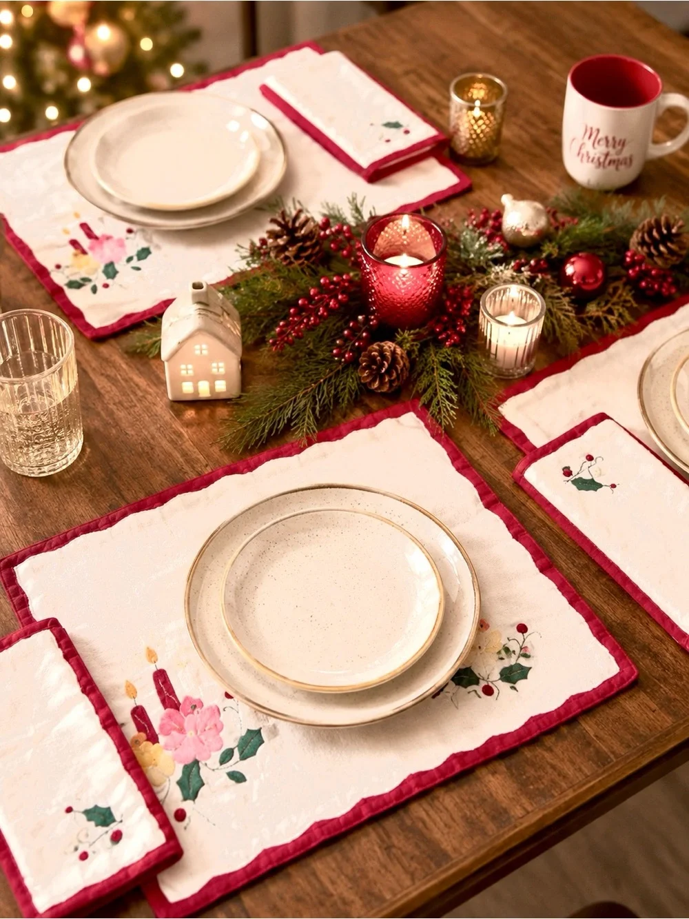 Vintage 12-Piece Christmas Embroidered Placemats Napkins Set for 6 Candles